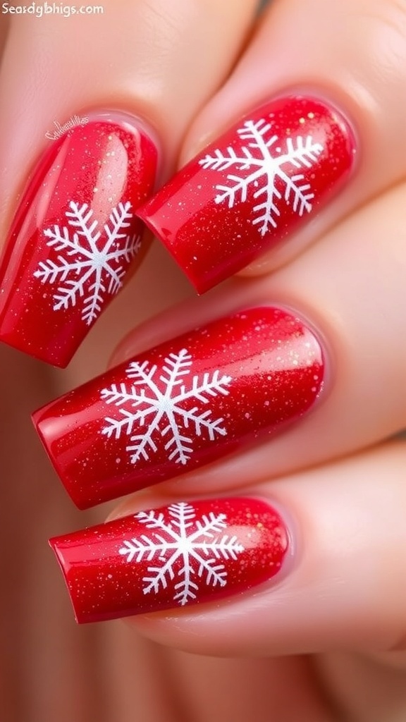 Glittery Red Christmas Nails with Snowflake Design Close-up of red Christmas nails with glitter and snowflake designs.